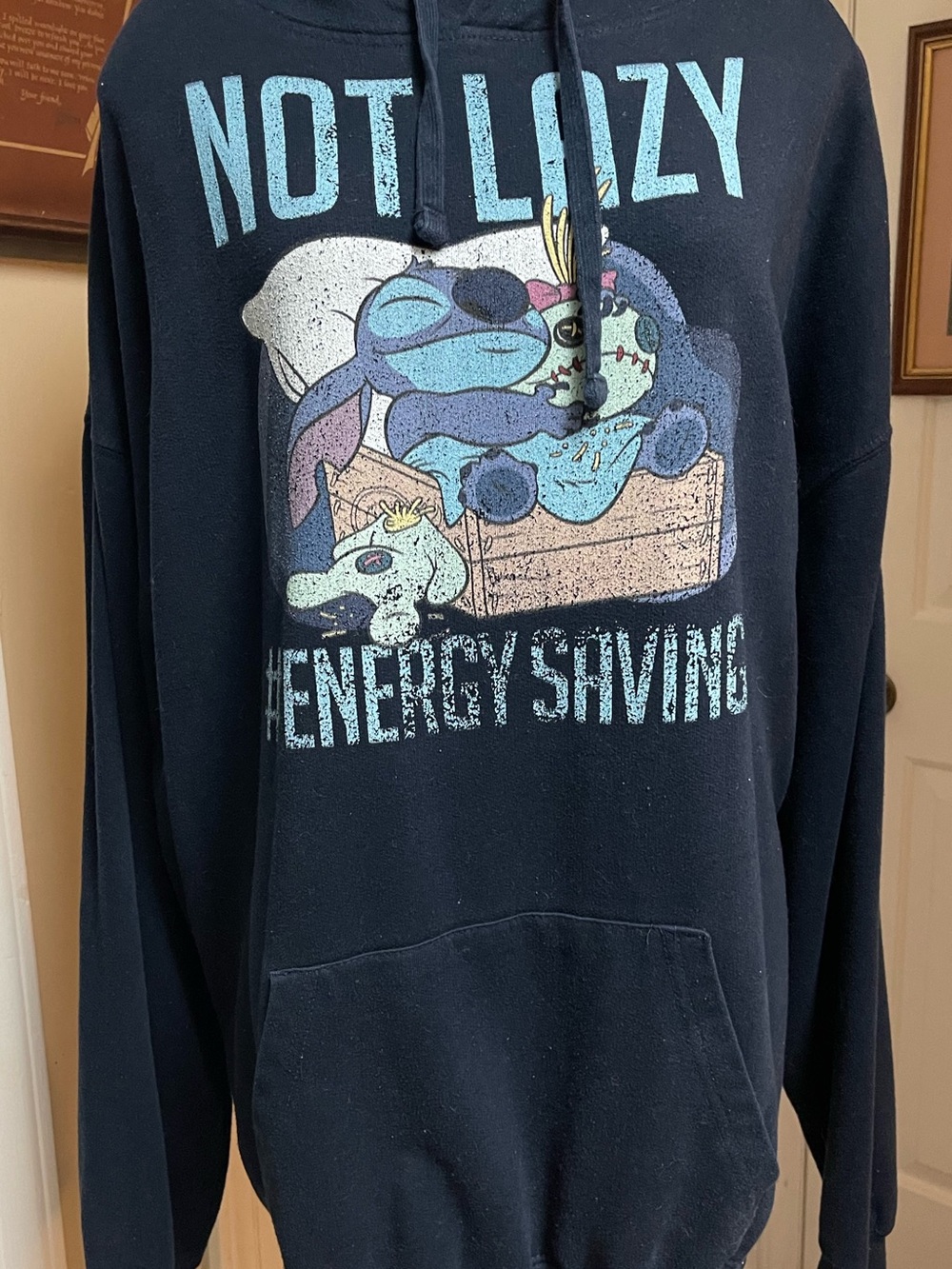 Cute Stitch "Not Lazy" Navy Blue Graphic Hoodie